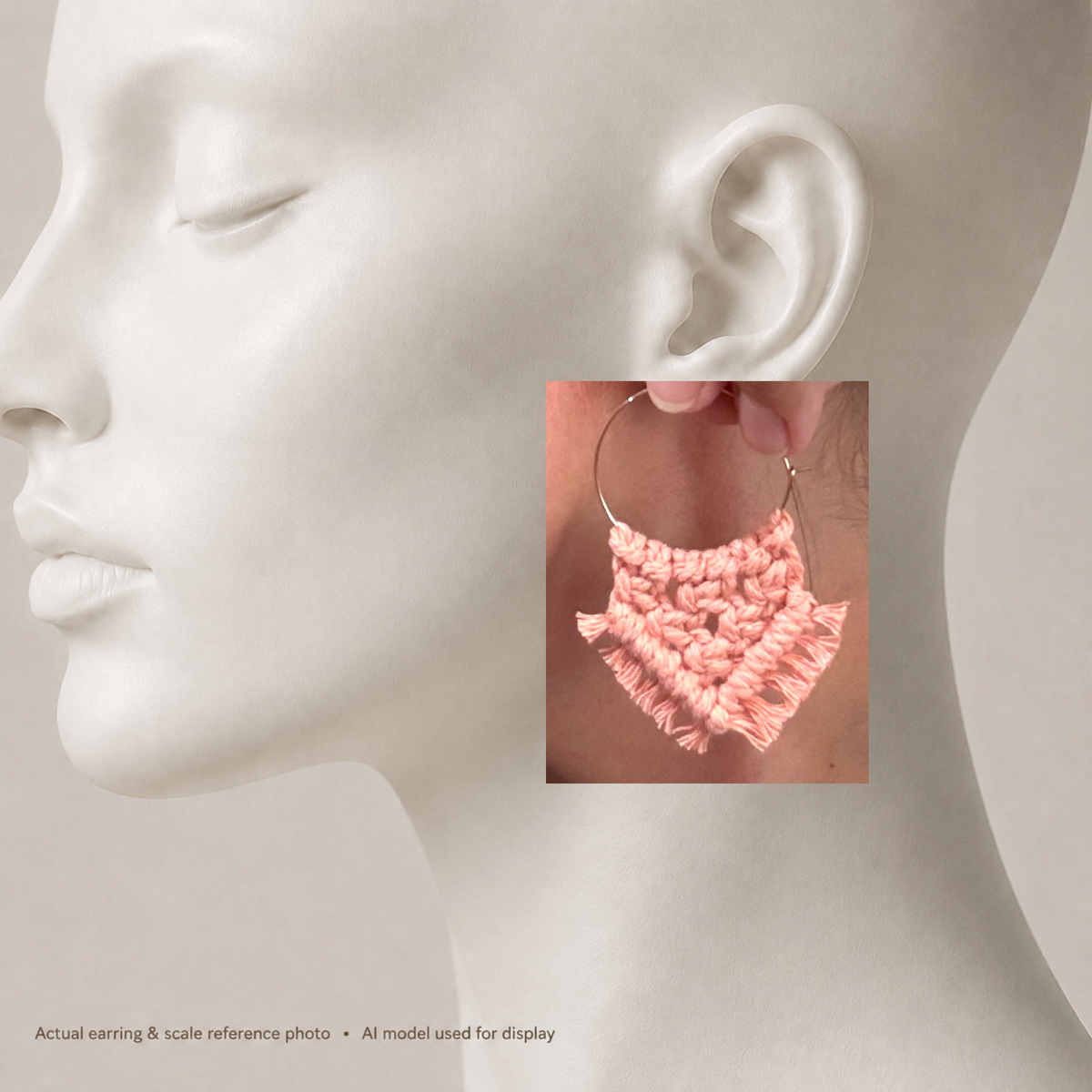 Heathered Coral Macramé Hoop Earrings | Gold Statement Hoops