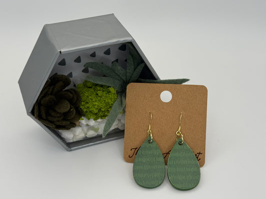 Sage Pattern Wood Earrings | Green Teardrop Drop Earrings