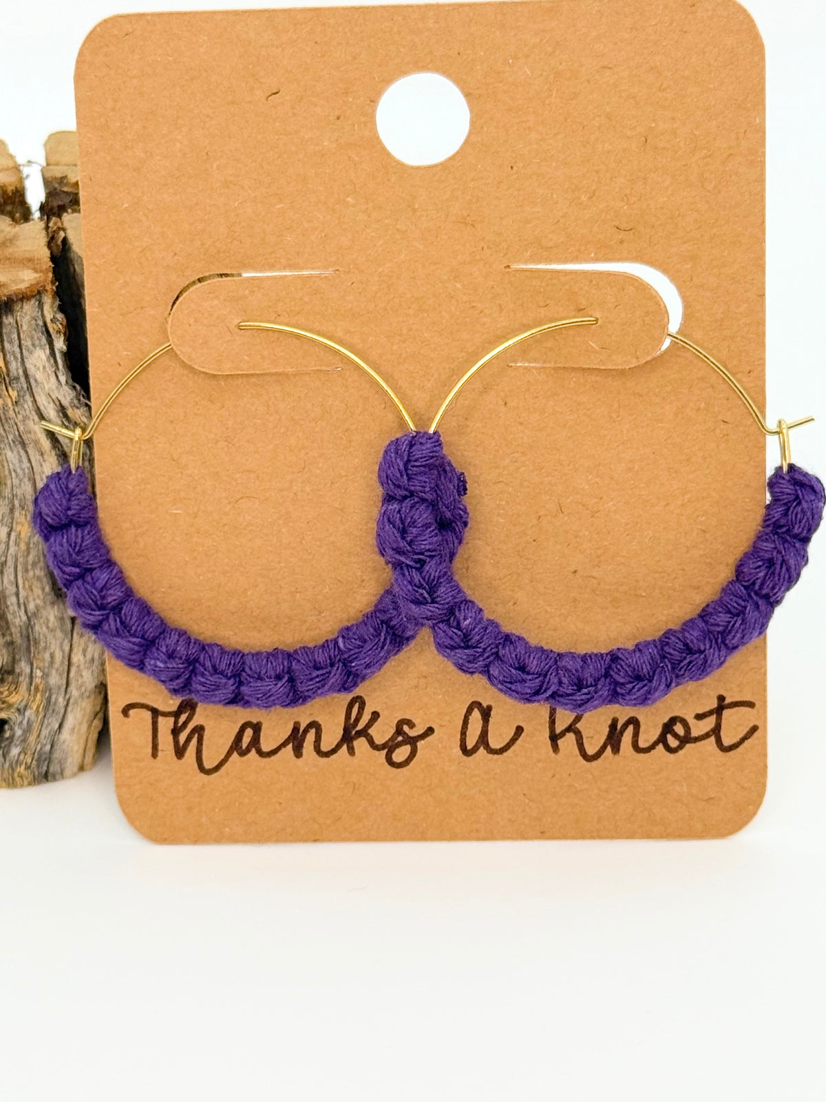 Royal Purple Macrame Hoop Earrings | 35mm Gold Stainless Steel