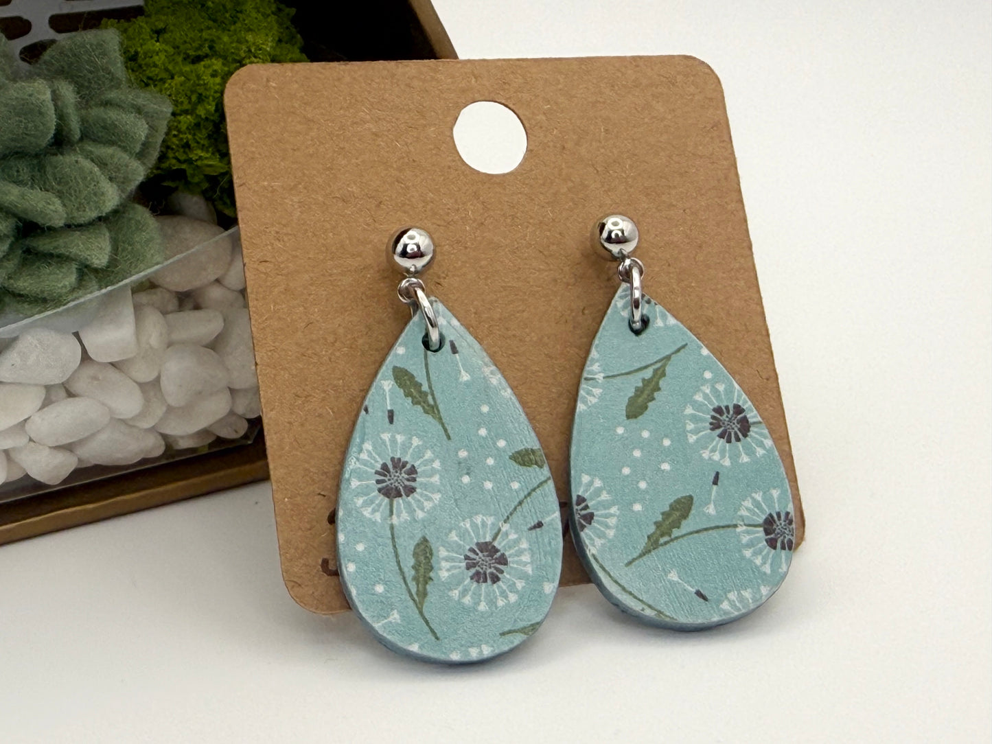 Dandelion Sky Wood Stud Earrings | Botanical Teardrop Earrings