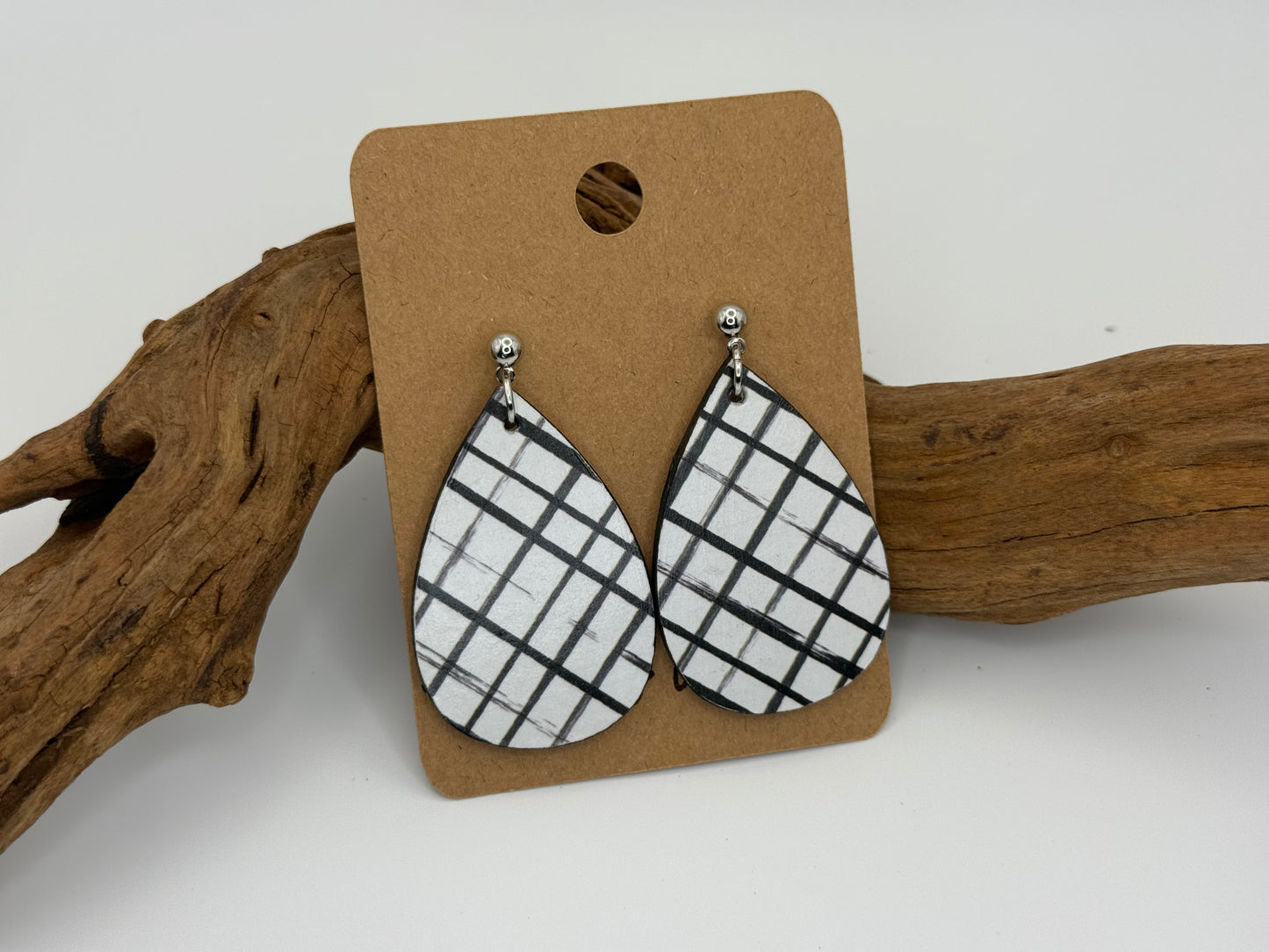 Modern Black & White Plaid Wood Earrings | Classic Statement Dangles