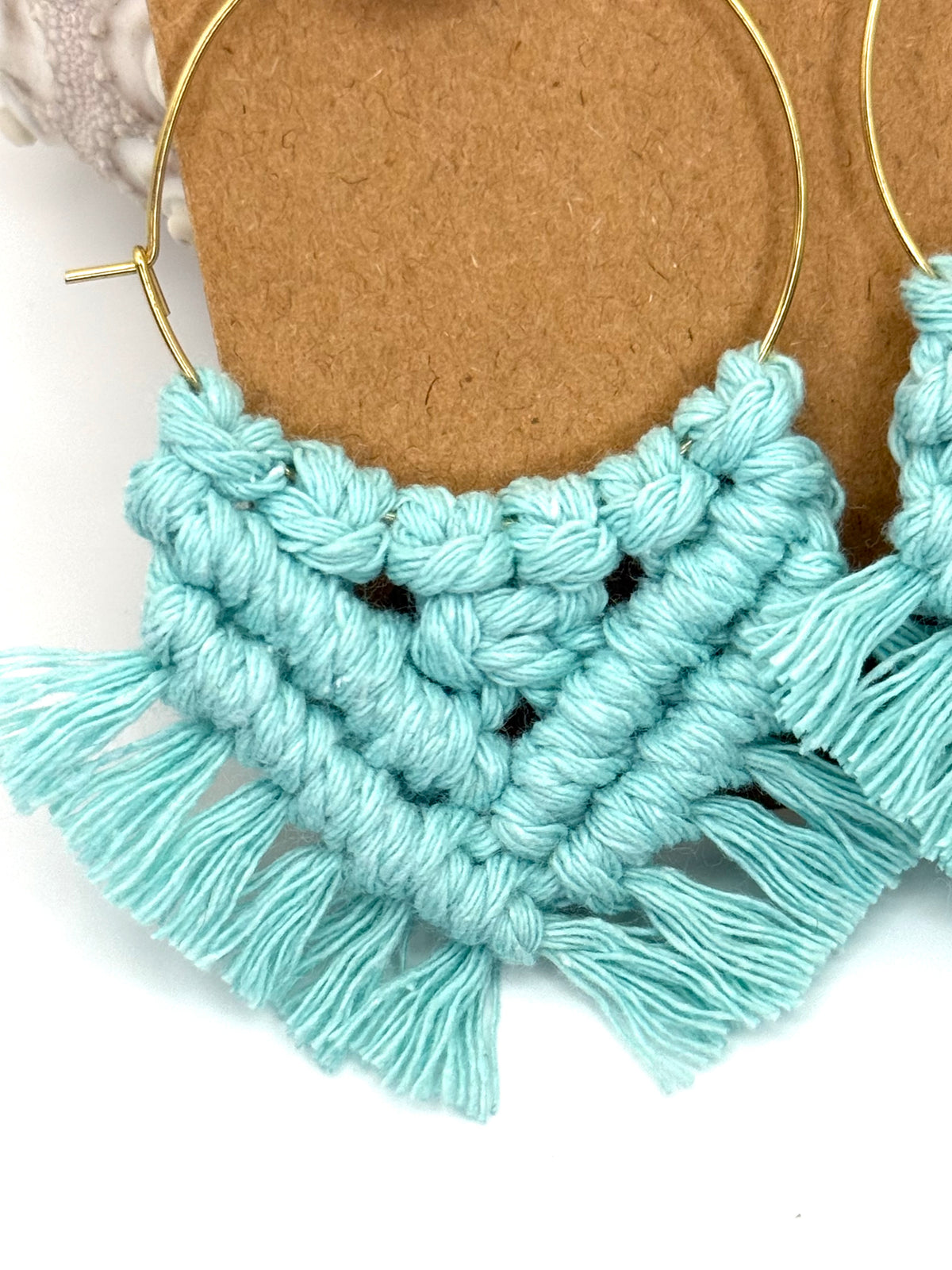 Seafoam Macrame Hoop Earrings | Gold Stainless Steel