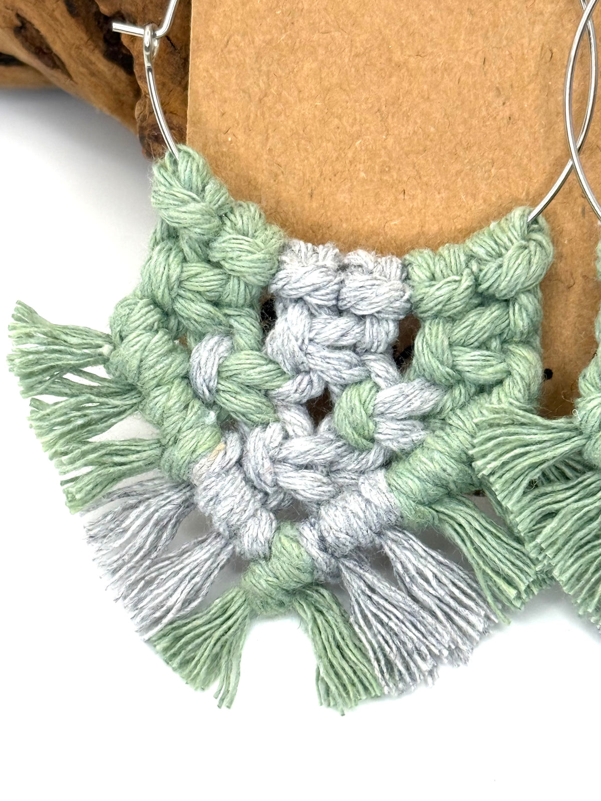 Sage & Lavender Gray Macrame Fringe Hoops | Stainless Steel