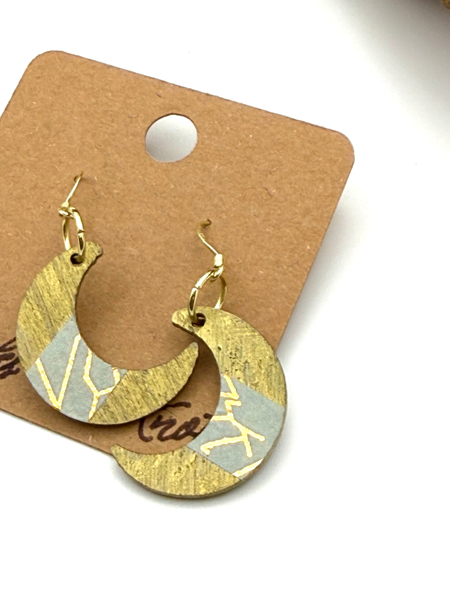 Almost Perfect – Gold Crescent Decoupage Wood Earrings