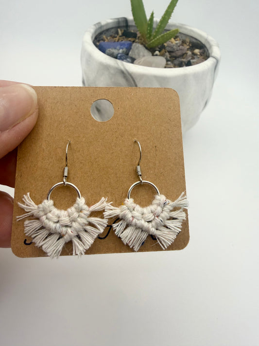 Handmade Micro Macramé Hoop Earrings | Neutral Mini Fringe Earrings
