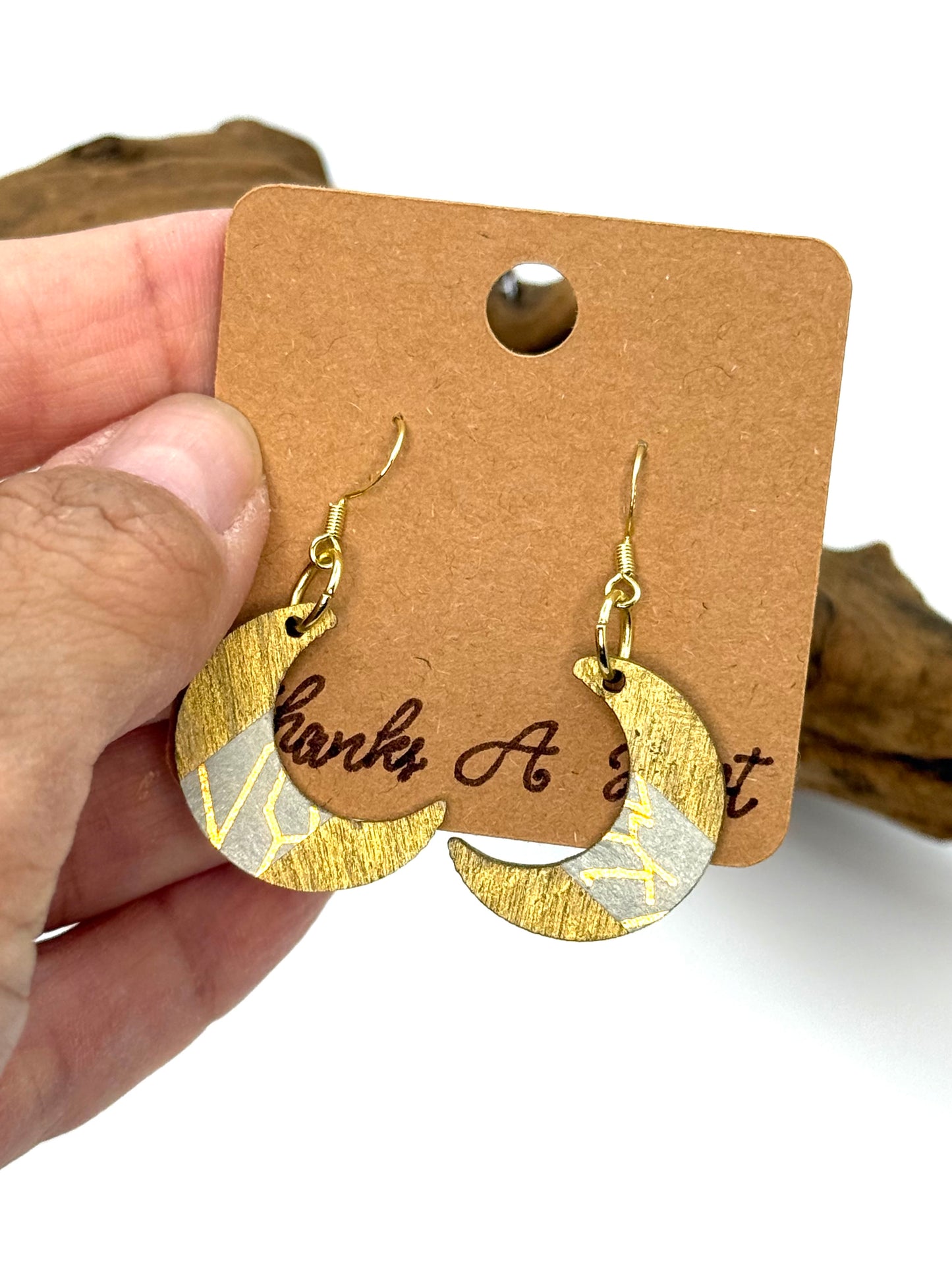 Almost Perfect – Gold Crescent Decoupage Wood Earrings