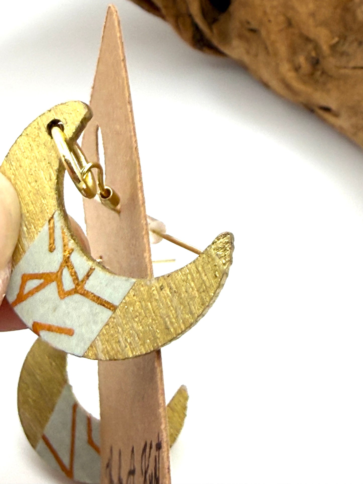 Almost Perfect – Gold Crescent Decoupage Wood Earrings