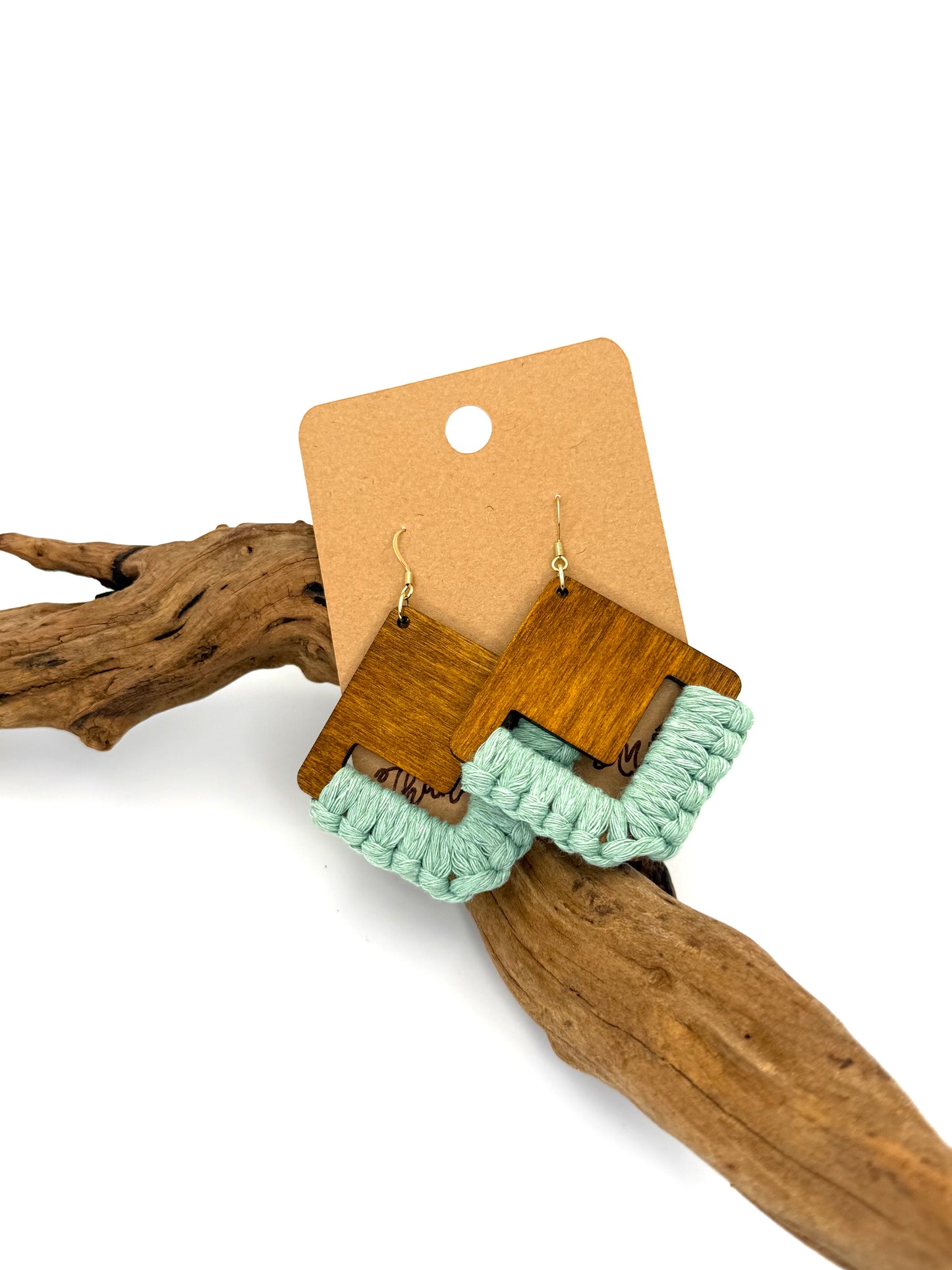 Turquoise Macramé Wood Earrings | Hand Knotted Geometric Dangles