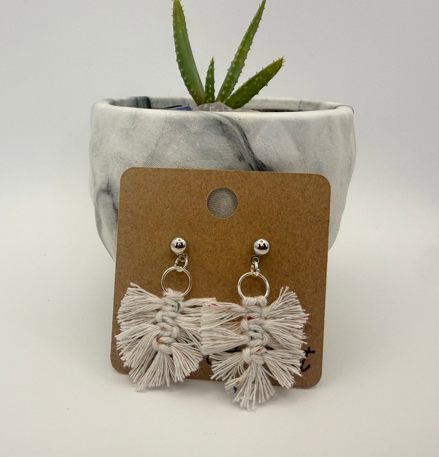 Handmade Micro Macramé Leaf Earrings | Neutral Fiber Statement Earrings
