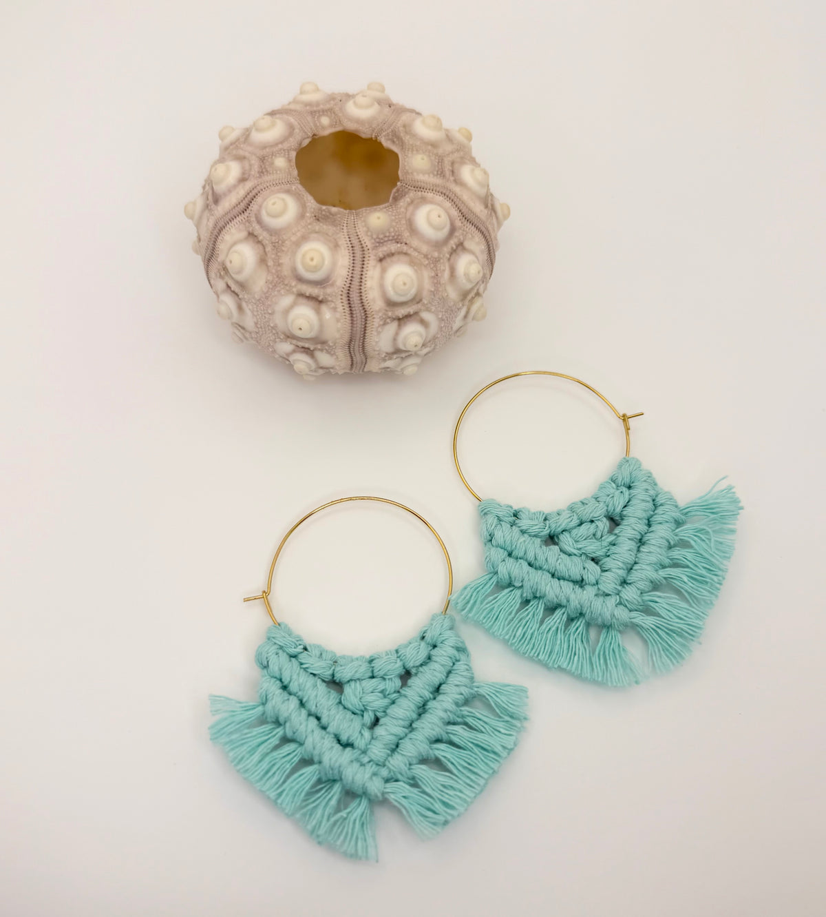 Seafoam Macrame Hoop Earrings | Gold Stainless Steel