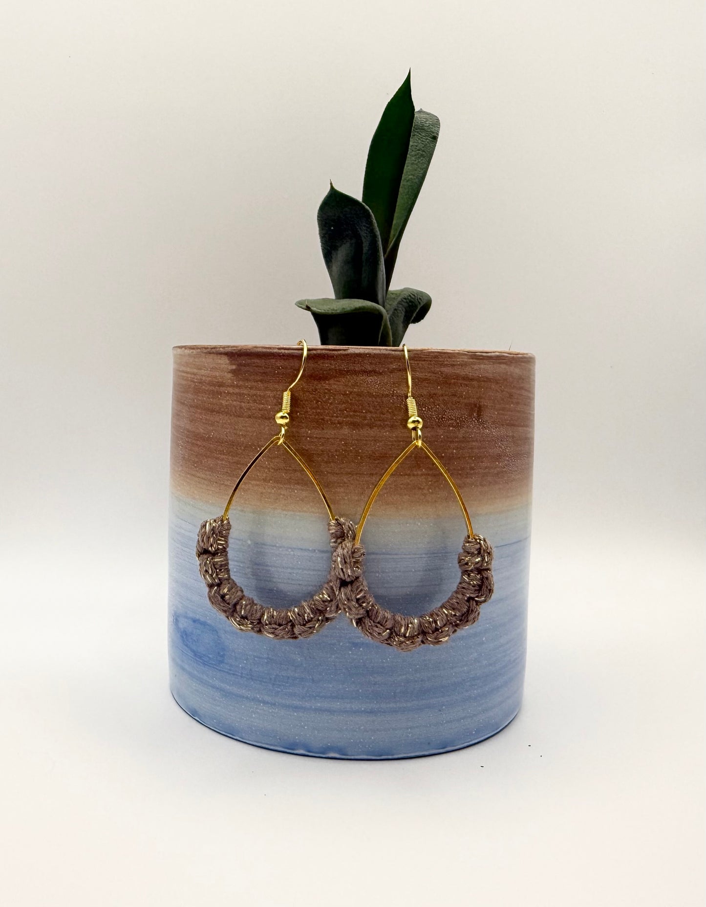 Caramel and gold macrame teardrop earrings
