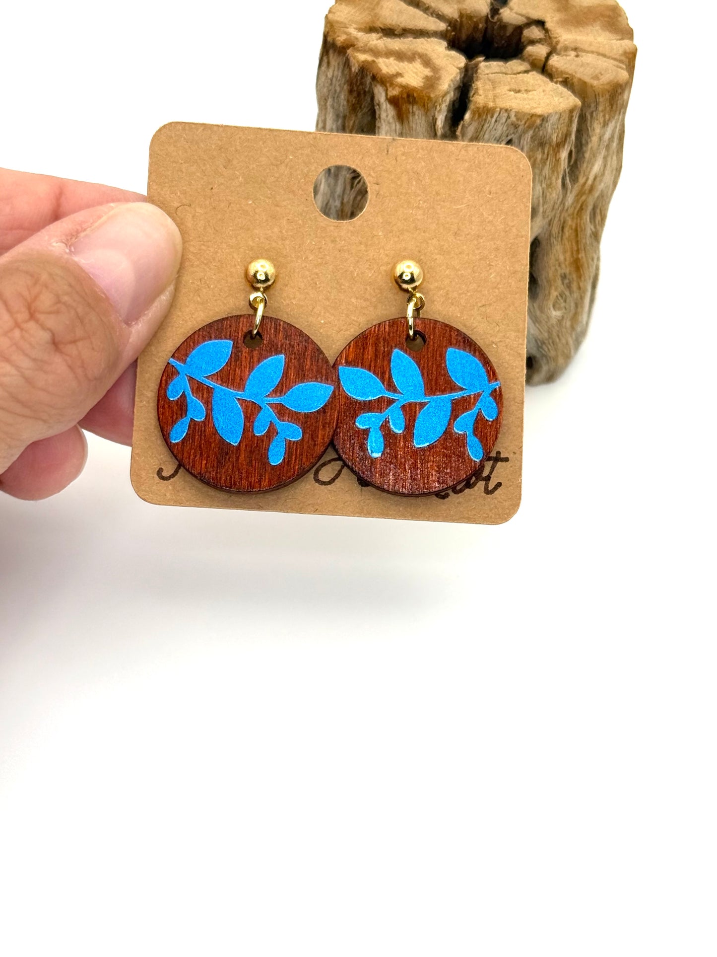 Blue Holographic Botanical Wood Earrings | Petite Round Stud Dangles