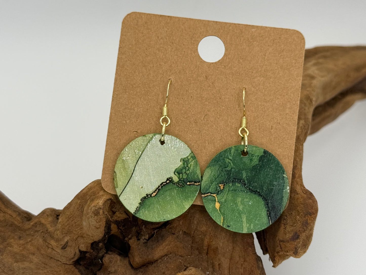 Green Watercolor Wood Earrings | Abstract Botanical Dangles
