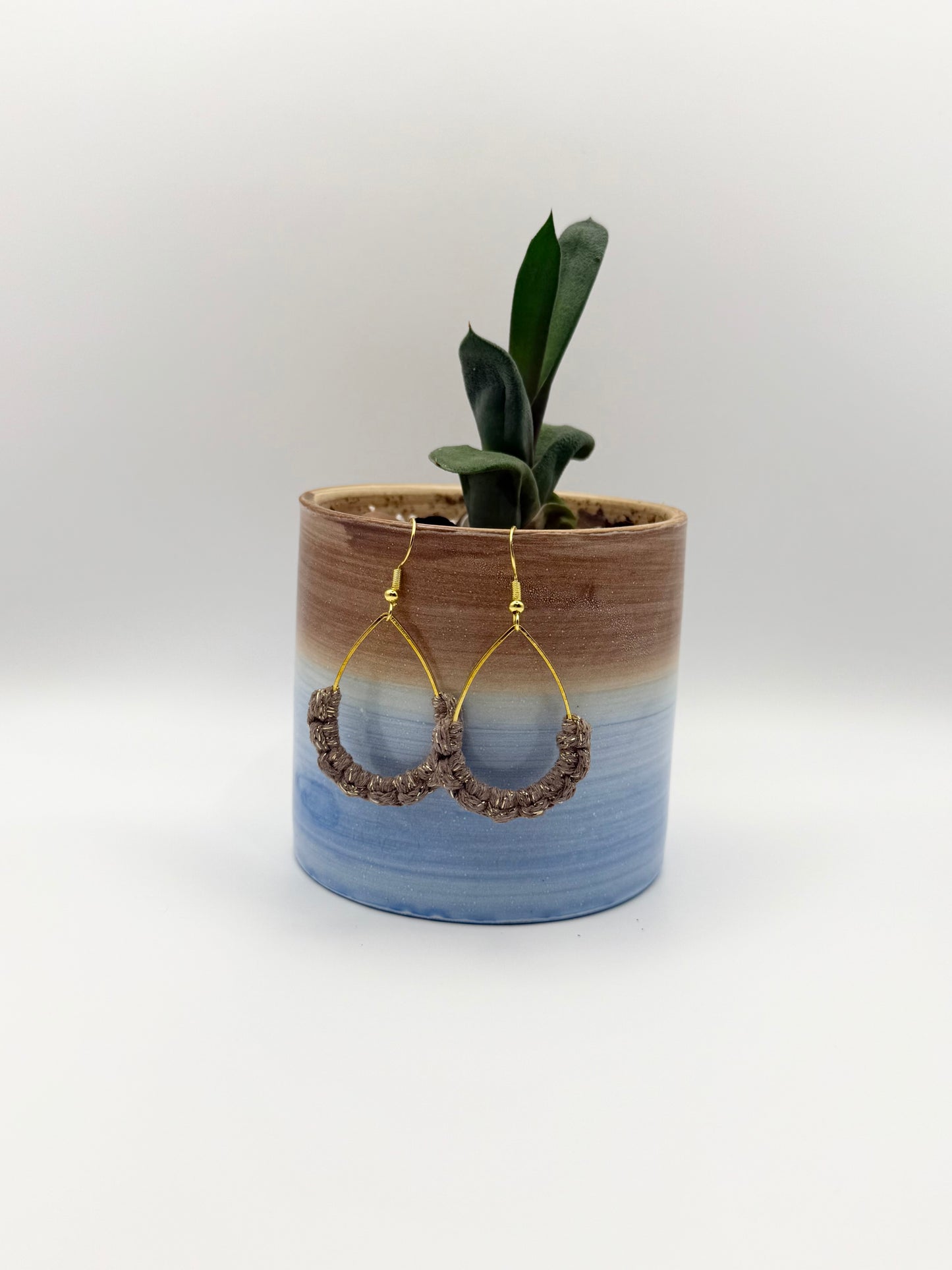 Caramel and gold macrame teardrop earrings