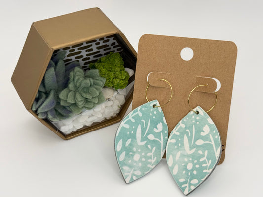Mint Botanical Wood Earrings | Minimal Floral Hoop Earrings