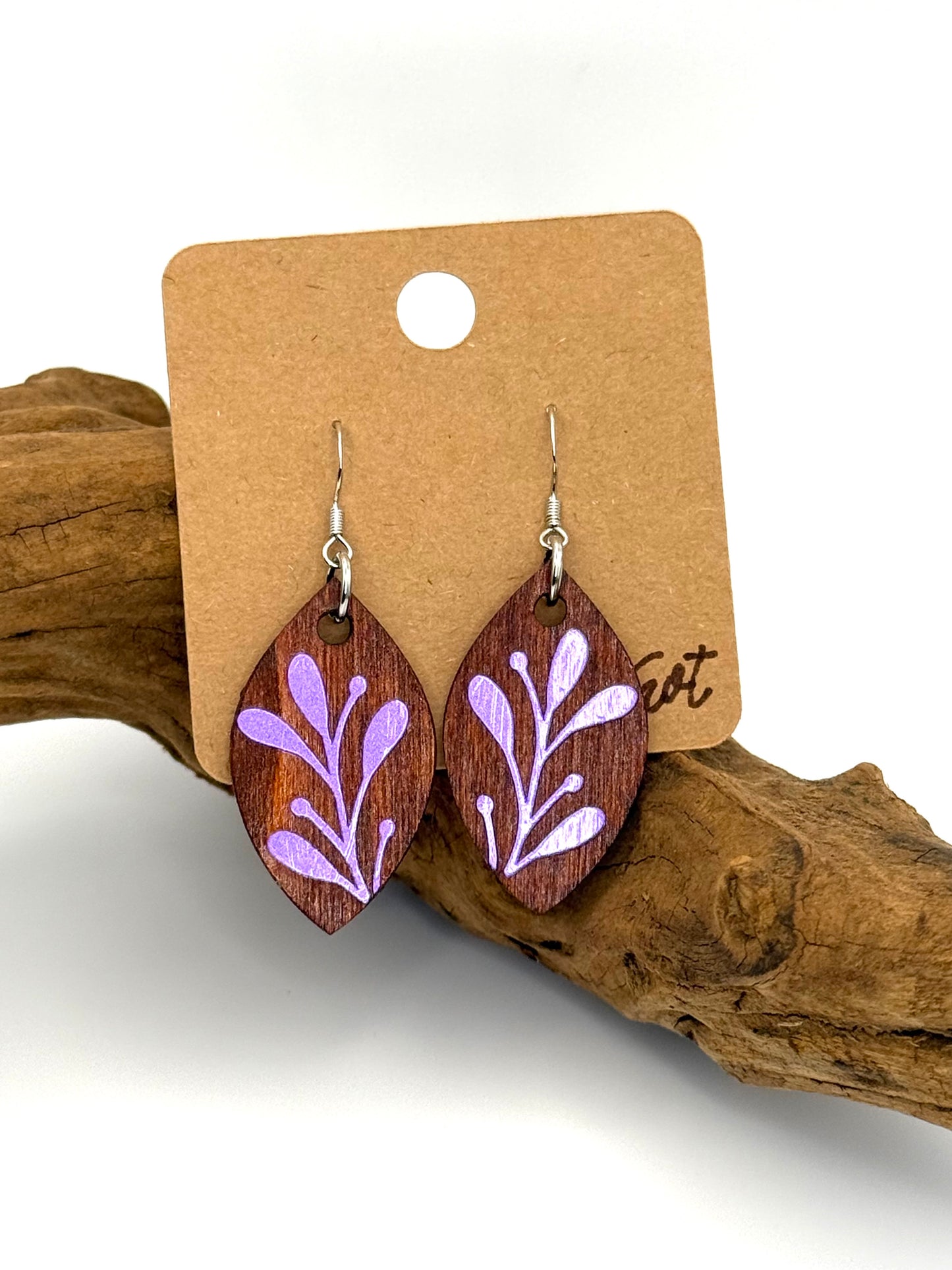 Purple Holographic Botanical Wood Earrings | Petite Leaf Dangles