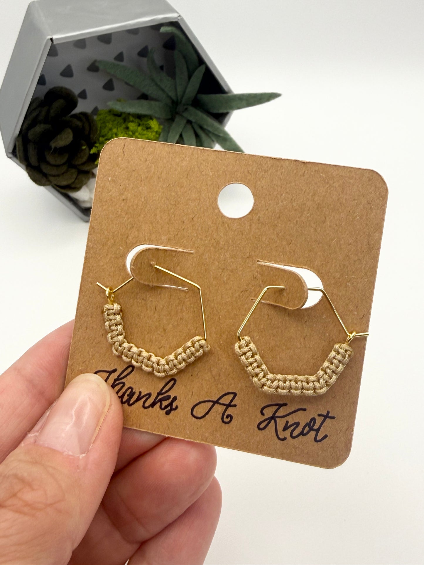 Mini Macramé Hexagon Hoop Earrings | Handmade Geometric Hoop Earrings